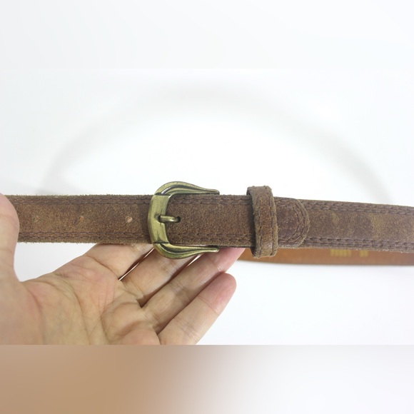 28”-32 Vintage Rusty Brown Sueded Leather Belt with Gold Brass Buckle Narrow - Picture 3 of 7